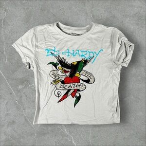 Ed Hardy Shirt Womens Medium Grey Y2K Cropped Baby Tee Bedazzle VTG‎ Y2K Tattoo